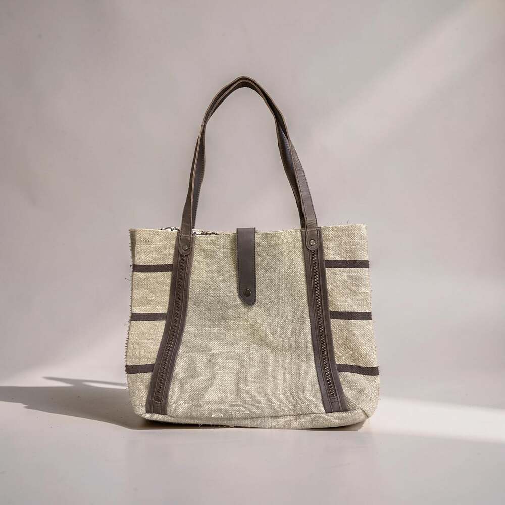 Mona B Upcycled Canvas Tote Bag with Vertical Zippers and Leather Straps